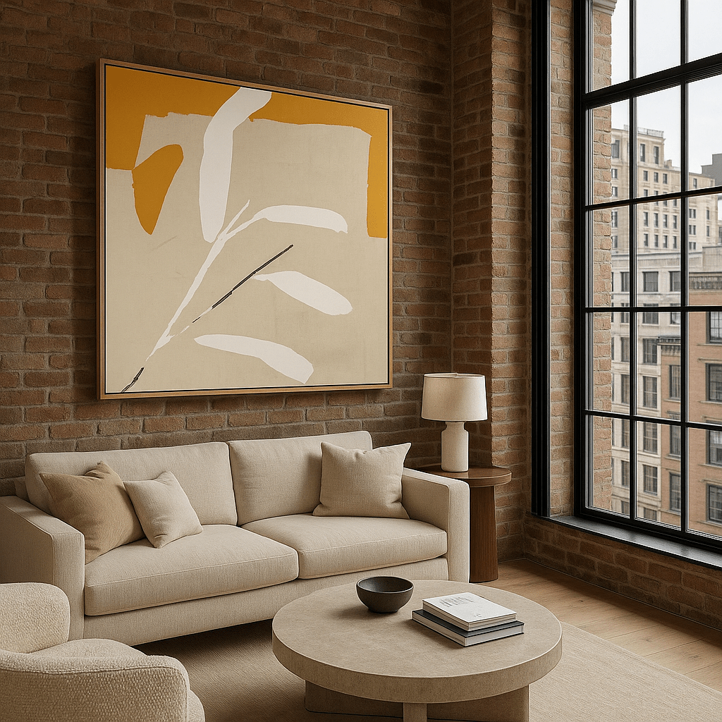 Canvas Print : "Golden Leaf Whisper" - Minimalist Botanical Art modern abstract canvas wall art by Rossetti Art – luxury interior design artwork for living room, bedroom, office – contemporary art piece Contemporary Canvas Art Contemporary canvas print