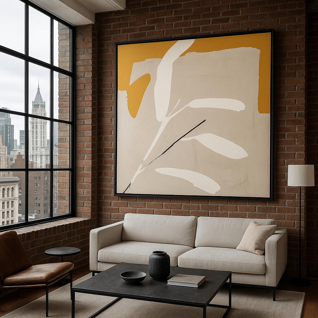 Canvas Print : "Golden Leaf Whisper" - Minimalist Botanical Art modern abstract canvas wall art by Rossetti Art – luxury interior design artwork for living room, bedroom, office – contemporary art piece Contemporary Canvas Art Contemporary canvas print