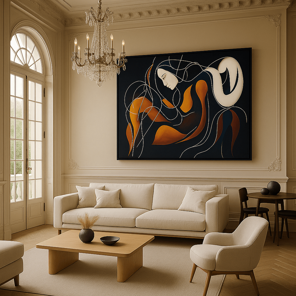 Canvas Print: Golden Muse in Motion - Abstract Figurative Wall Art modern abstract canvas wall art by Rossetti Art – luxury interior design artwork for living room, bedroom, office – contemporary art piece Contemporary Canvas Art Contemporary canvas print