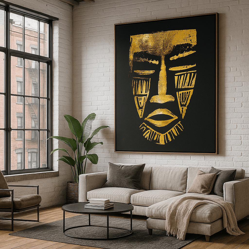 Canvas Print : Golden Silence Face – Abstract Tribal Face Canvas Print | Luxury Modern Wall Art by Rossetti Art modern abstract canvas wall art by Rossetti Art – luxury interior design artwork for living room, bedroom, office – large abstract art large canvas artwork large geometric wall art for living room