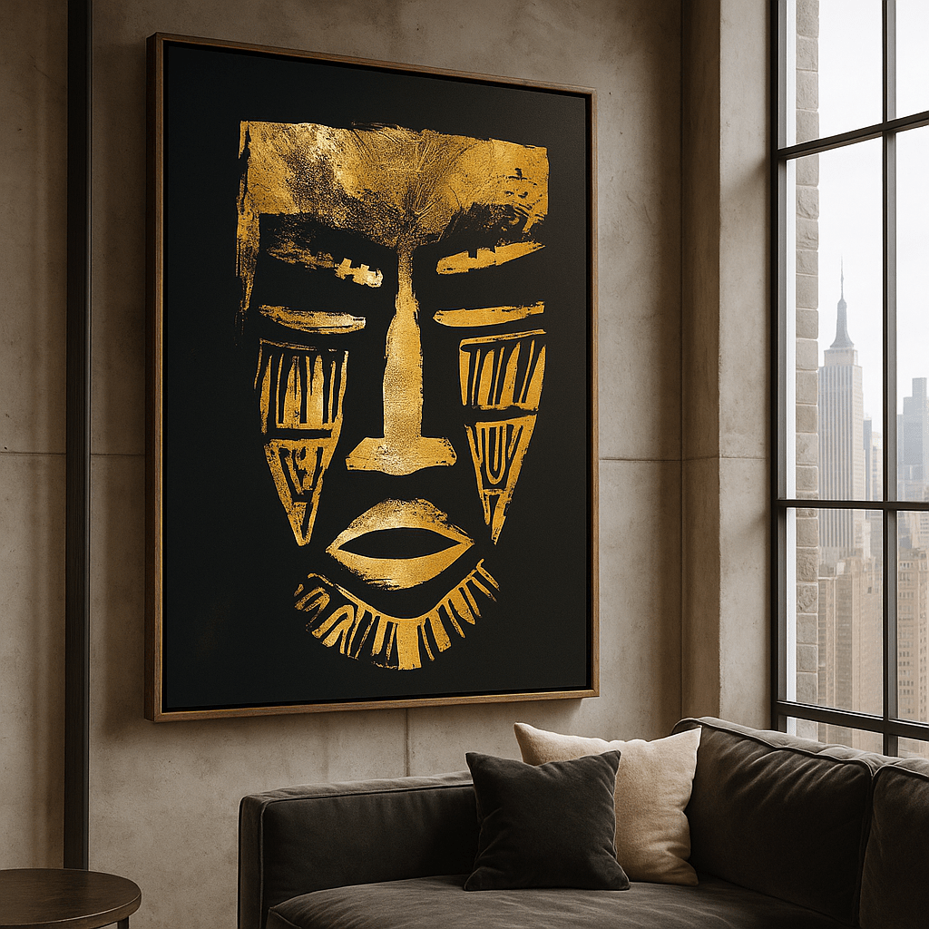 Canvas Print : Golden Silence Face – Abstract Tribal Face Canvas Print | Luxury Modern Wall Art by Rossetti Art modern abstract canvas wall art by Rossetti Art – luxury interior design artwork for living room, bedroom, office – large abstract art large canvas artwork large geometric wall art for living room