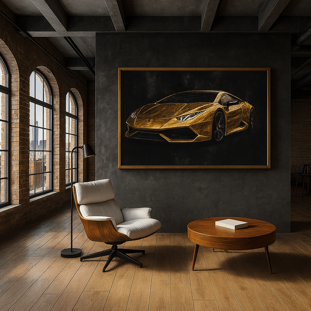 Canvas Print :Golden Velocity – Luxury Automotive Canvas Art for Modern Spaces modern abstract canvas wall art by Rossetti Art – luxury interior design artwork for living room, bedroom, office – horizontal art print horizontal canvas print horizontal canvas prints