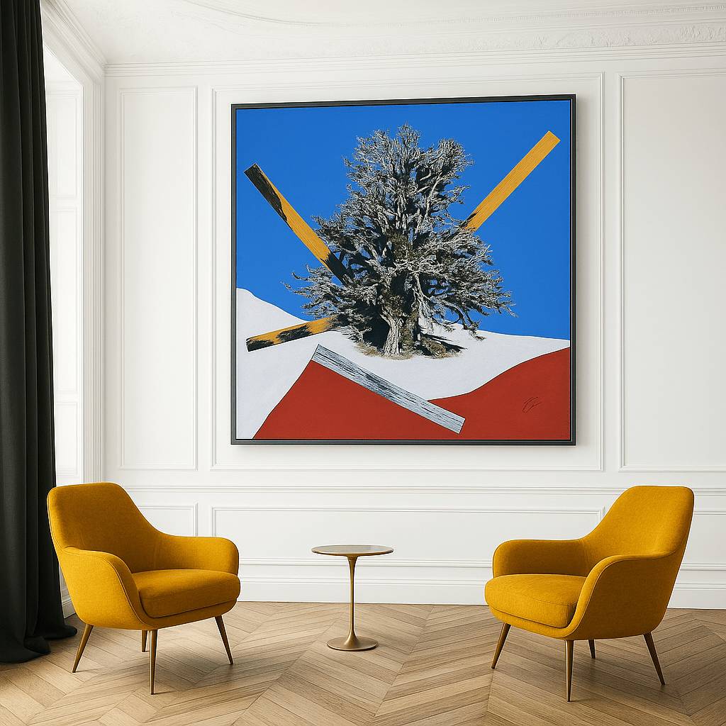 Canvas Print: Gravity Grove Shift – Surreal Tree Art modern abstract canvas wall art by Rossetti Art – luxury interior design artwork for living room, bedroom, office – Abstract Geometric Nature Art Blue Red Landscape Print Floating Tree Wall Decor