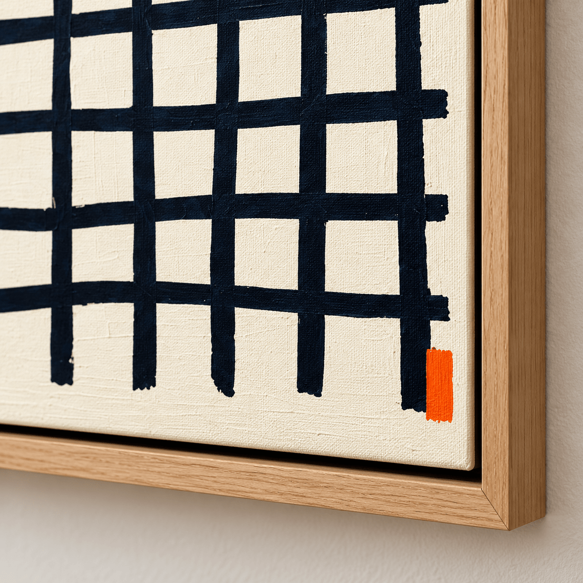 Grid Painting Canvas Print – Hand-Ruled by Rossetti Art – close-up of the thick black lines and orange corner mark at the framed corner