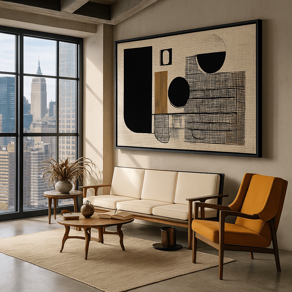 Canvas Print : Gridlock in Style – Geometric Abstract Canvas for Modern Homes modern abstract canvas wall art by Rossetti Art – luxury interior design artwork for living room, bedroom, office – abstract black and gold canvas horizontal art print horizontal canvas print