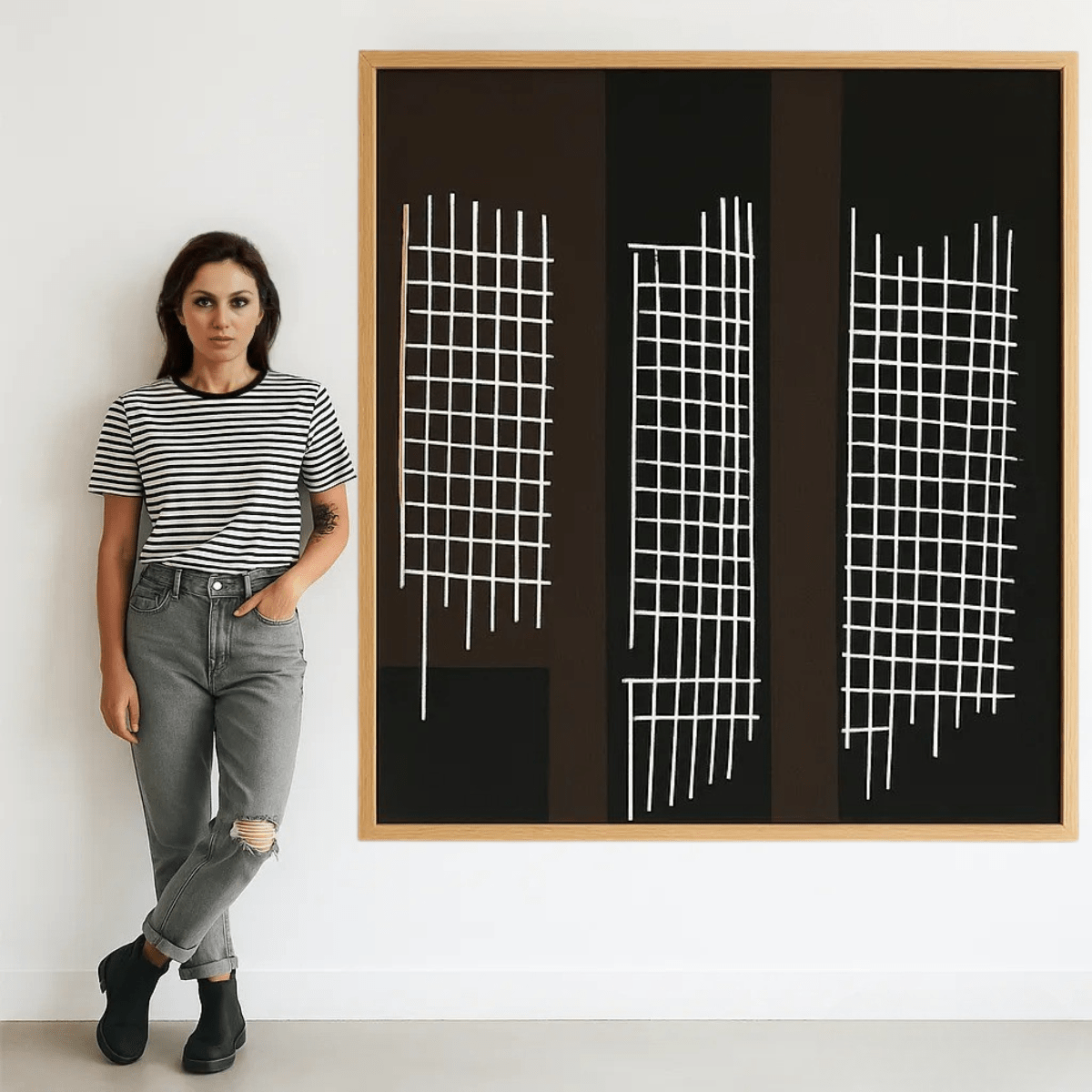 Canvas Print : Gridlocked – Geometric Line Canvas Wall Art modern abstract canvas wall art by Rossetti Art – luxury interior design artwork for living room, bedroom, office – black and beige wall art Black And White Art Black and white artwork