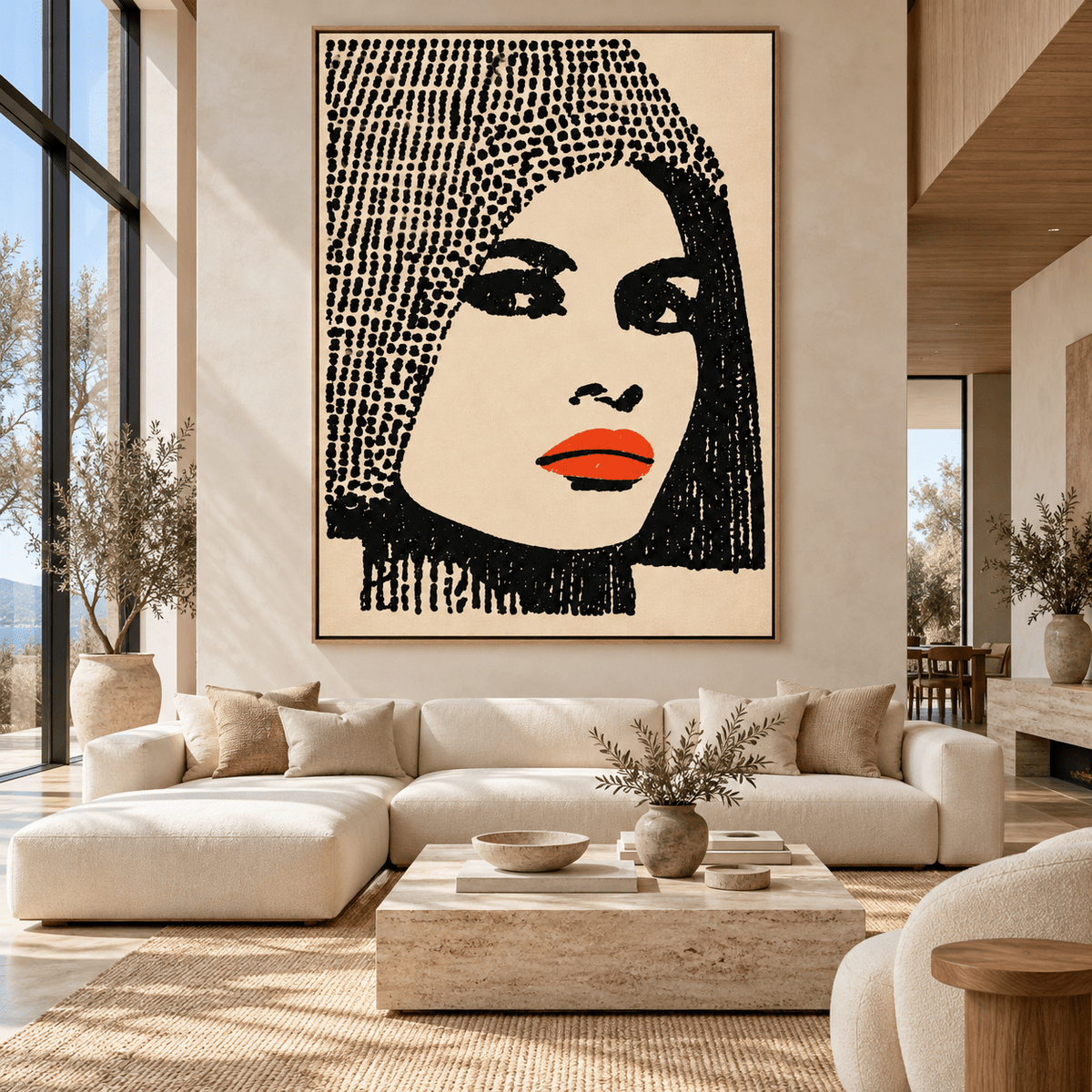 Halftone Portrait – Scarlet Dot Canvas Print by Rossetti Art, oversized black and cream portrait with red lips above a sofa in a large living room