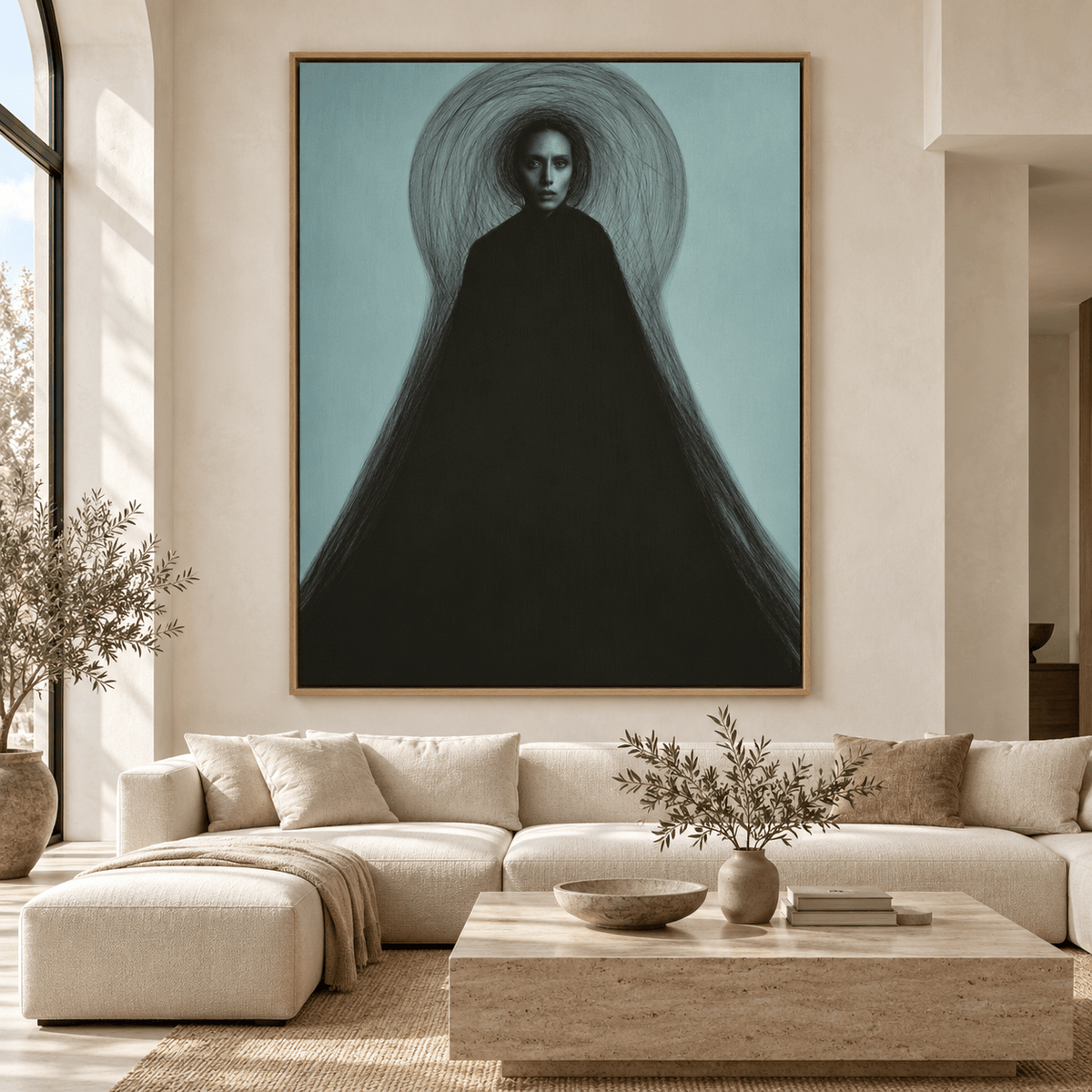 Halo Wall Art Canvas Print – Keyhole Veil cloaked figure portrait in an oak frame by Rossetti Art