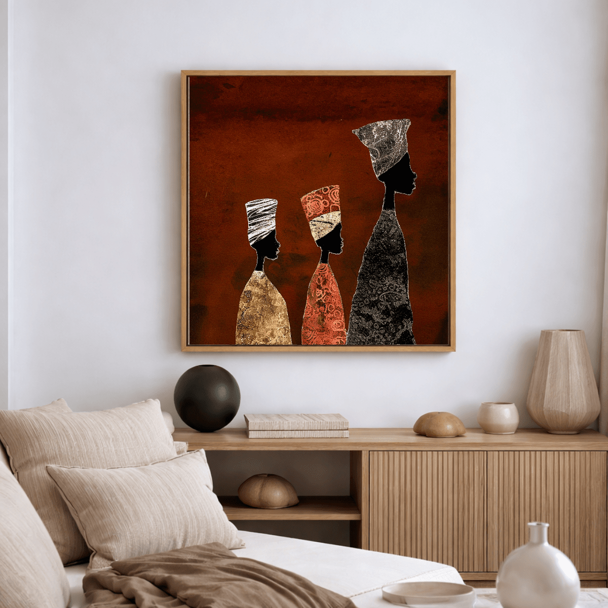 Canvas Print: Heritage Grace – Minimalist African Silhouette Canvas Print | Luxury Abstract Wall Art modern abstract canvas wall art by Rossetti Art – luxury interior design artwork for living room, bedroom, office – abstract wall art African silhouette canvas boho chic wall art