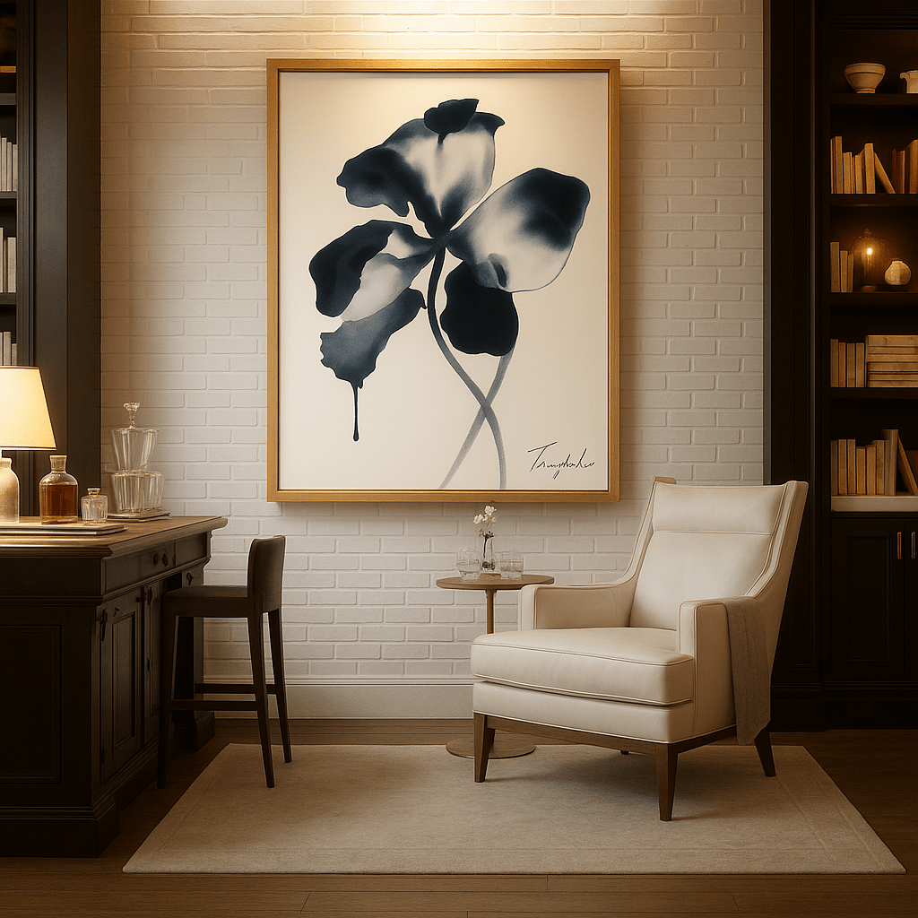 Canvas Print: Ink Bloom – Modern Minimalist Floral Wall Art modern abstract canvas wall art by Rossetti Art – luxury interior design artwork for living room, bedroom, office – Contemporary Art for Sale contemporary art piece Contemporary art print
