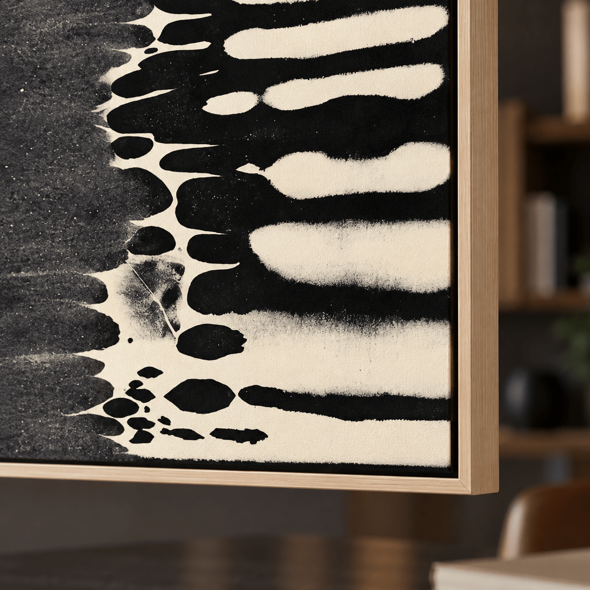 Ink Wash Painting Canvas Print – Ink Rhythm close-up of the bleeding black ink and canvas corner by Rossetti Art