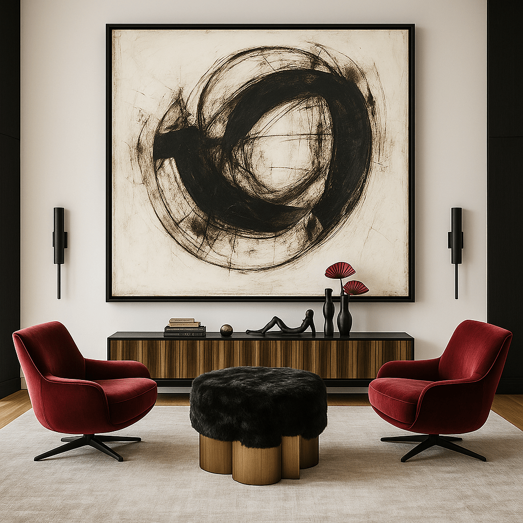 Canvas Print: Inner Pulse – Bold Abstract Black Circle Art modern abstract canvas wall art by Rossetti Art – luxury interior design artwork for living room, bedroom, office – Contemporary Art for Sale contemporary art piece Contemporary art print