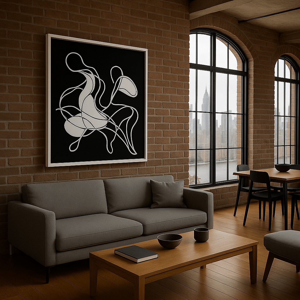 Canvas Print: “Intertwined Echoes” – Minimalist Abstract Line Art modern abstract canvas wall art by Rossetti Art – luxury interior design artwork for living room, bedroom, office – Black And White Art Black and white artwork black and white canvas