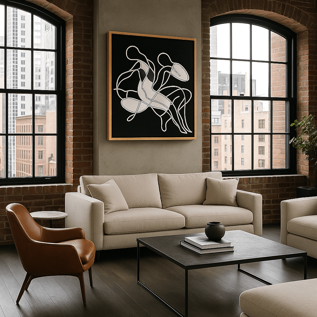 Canvas Print: “Intertwined Echoes” – Minimalist Abstract Line Art modern abstract canvas wall art by Rossetti Art – luxury interior design artwork for living room, bedroom, office – Black And White Art Black and white artwork black and white canvas