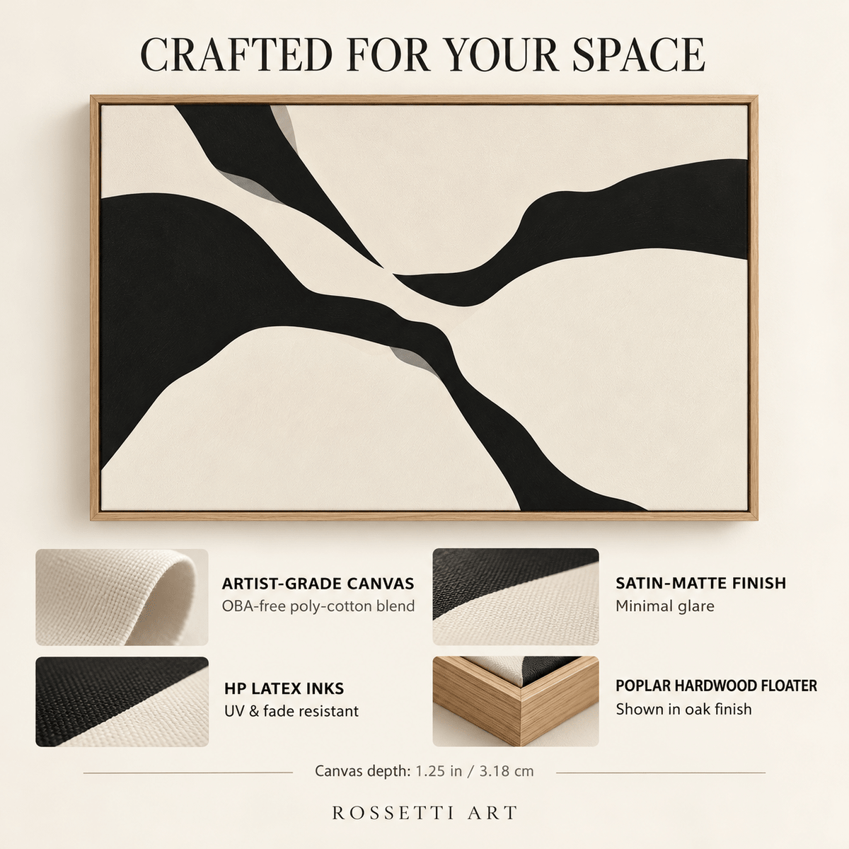 Ivory Wall Art – Ink Crossing by Rossetti Art, canvas and floater frame details
