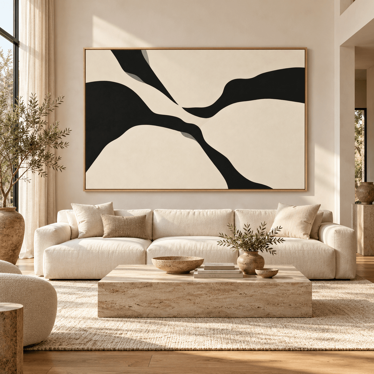 Ivory Wall Art – Ink Crossing by Rossetti Art above a cream sofa