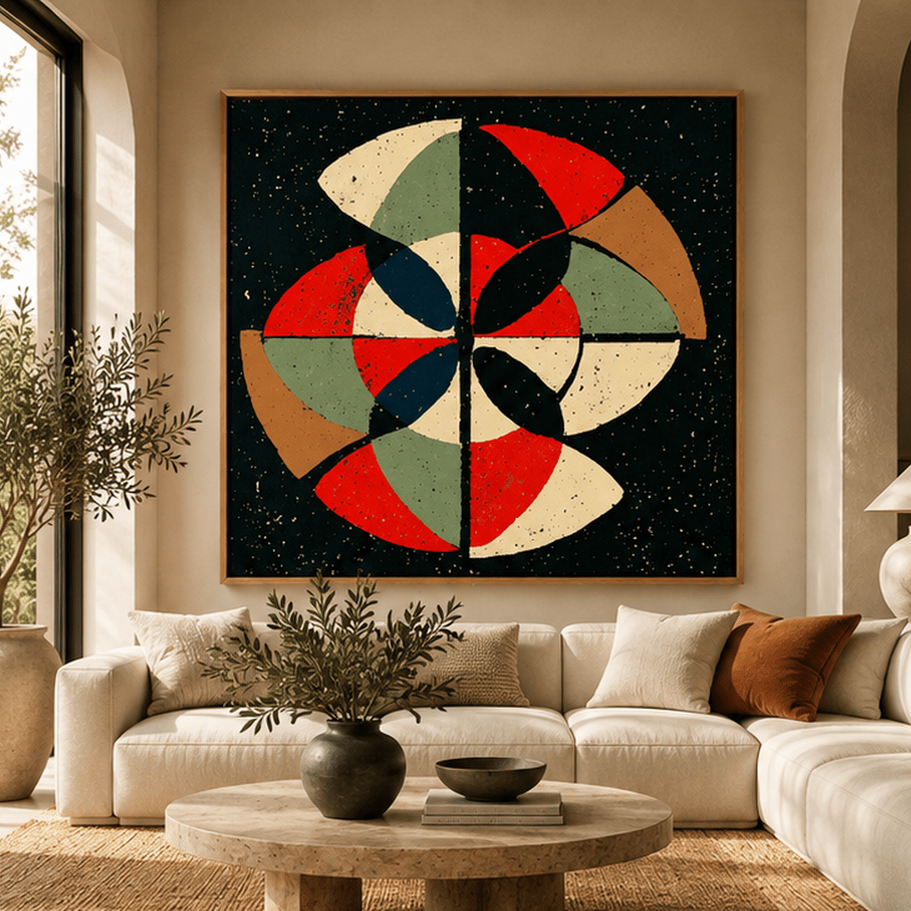 Oversized square mid-century abstract pinwheel canvas print in oak floating frame in a modern living room