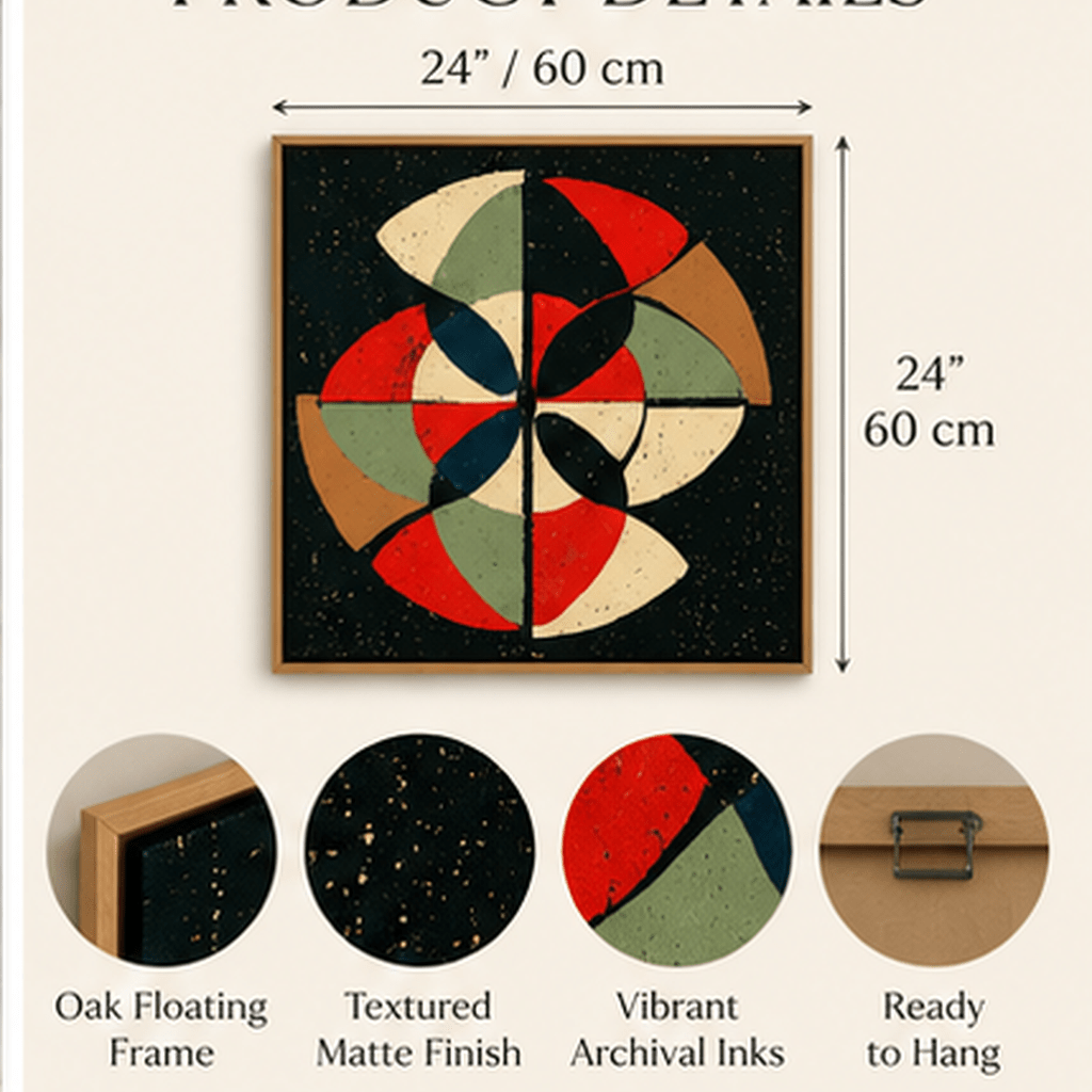 Product infographic for square mid-century abstract pinwheel canvas print with oak floating frame