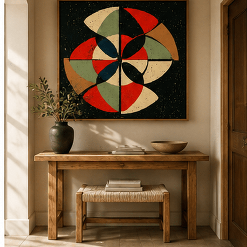 Square mid-century abstract pinwheel canvas print in oak floating frame styled in a warm modern entryway