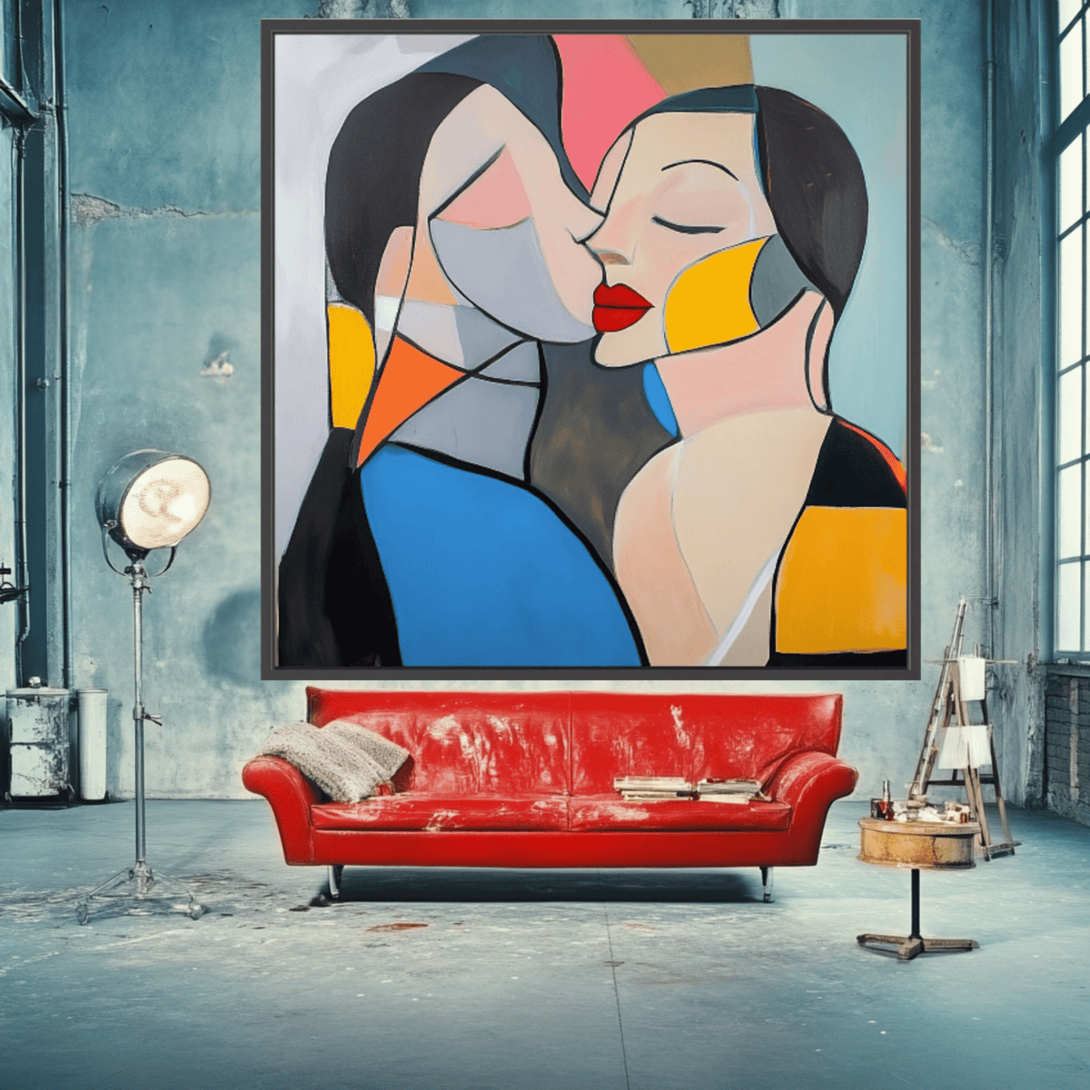 Canvas Print: Kiss of Color – Abstract Lovers Wall Art modern abstract canvas wall art by Rossetti Art – luxury interior design artwork for living room, bedroom, office – Abstract Lovers Art Colorful Love Art Couple Canvas Art