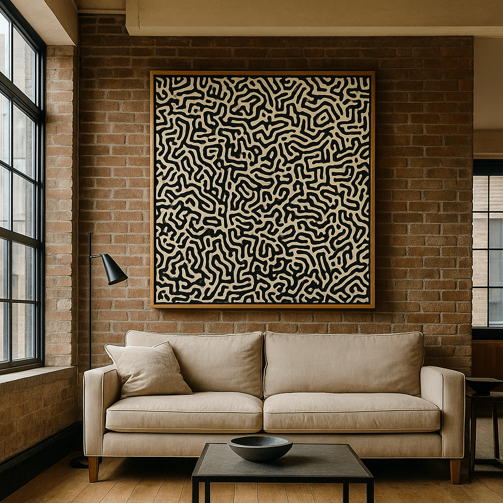 Canvas Print: Labyrinth of Silence - Black Maze Line Art for Modern Luxury Decor modern abstract canvas wall art by Rossetti Art – luxury interior design artwork for living room, bedroom, office – abstract wall art canvas print art Chiara Rossetti