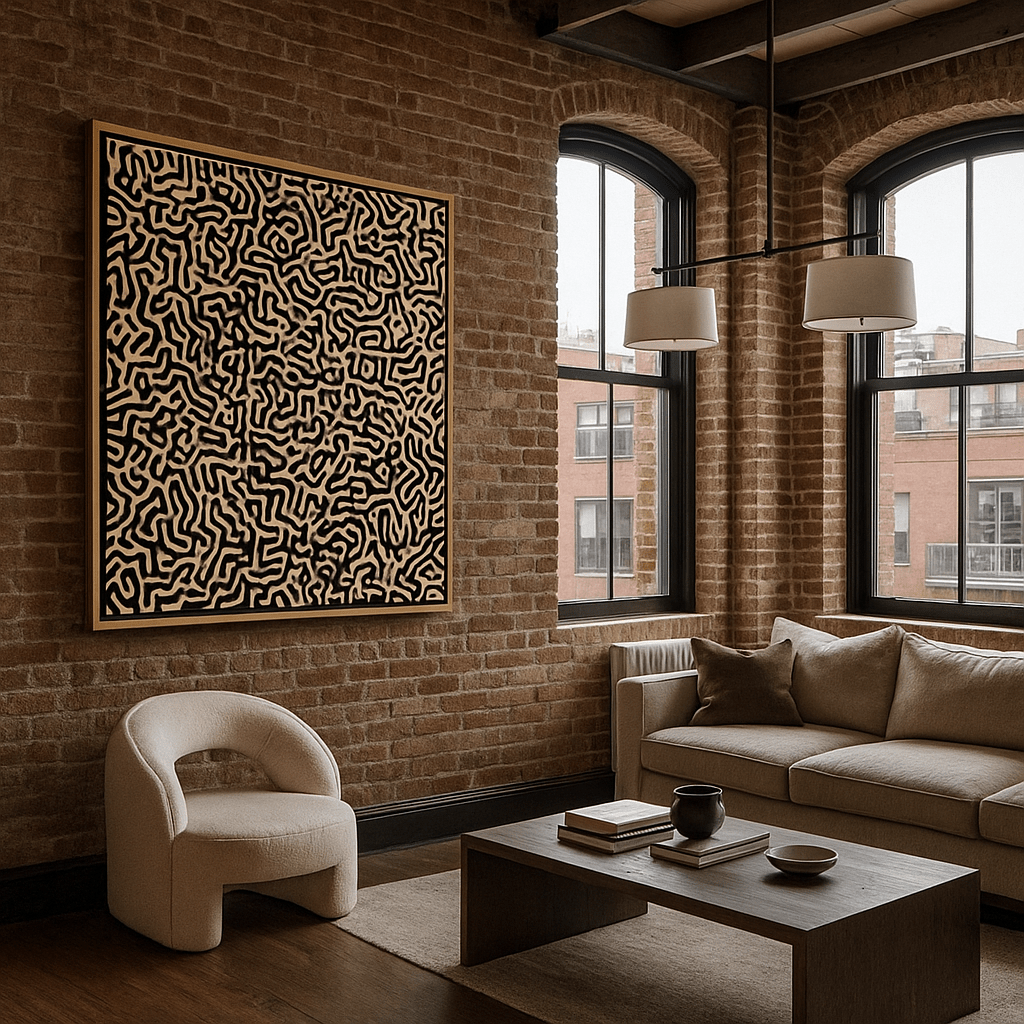 Canvas Print: Labyrinth of Silence - Black Maze Line Art for Modern Luxury Decor modern abstract canvas wall art by Rossetti Art – luxury interior design artwork for living room, bedroom, office – abstract wall art canvas print art Chiara Rossetti