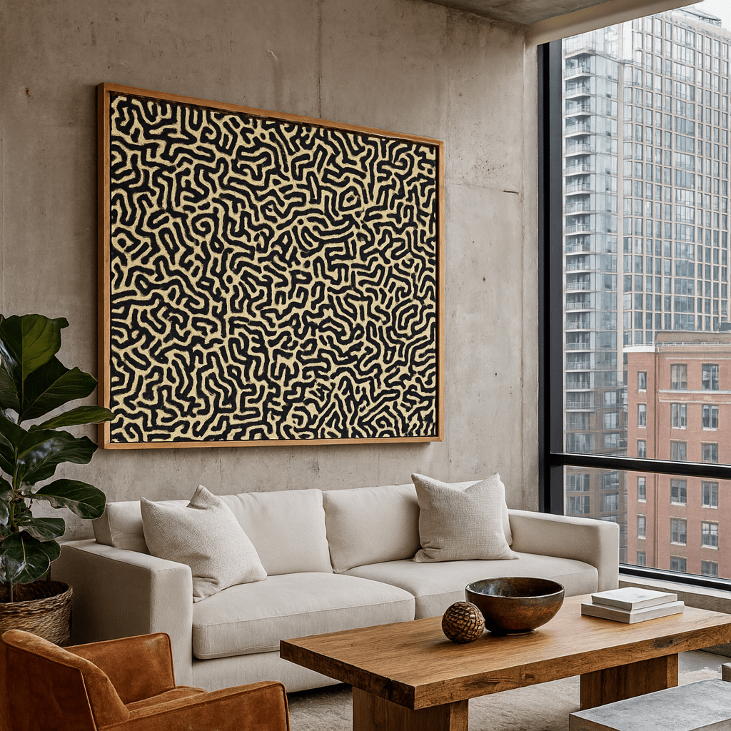 Canvas Print : Labyrinth of Silence - Black Maze Line Art for Modern Luxury Decor | Rossetti Art modern abstract canvas wall art by Rossetti Art – luxury interior design artwork for living room, bedroom, office – large abstract art large canvas artwork large geometric wall art for living room