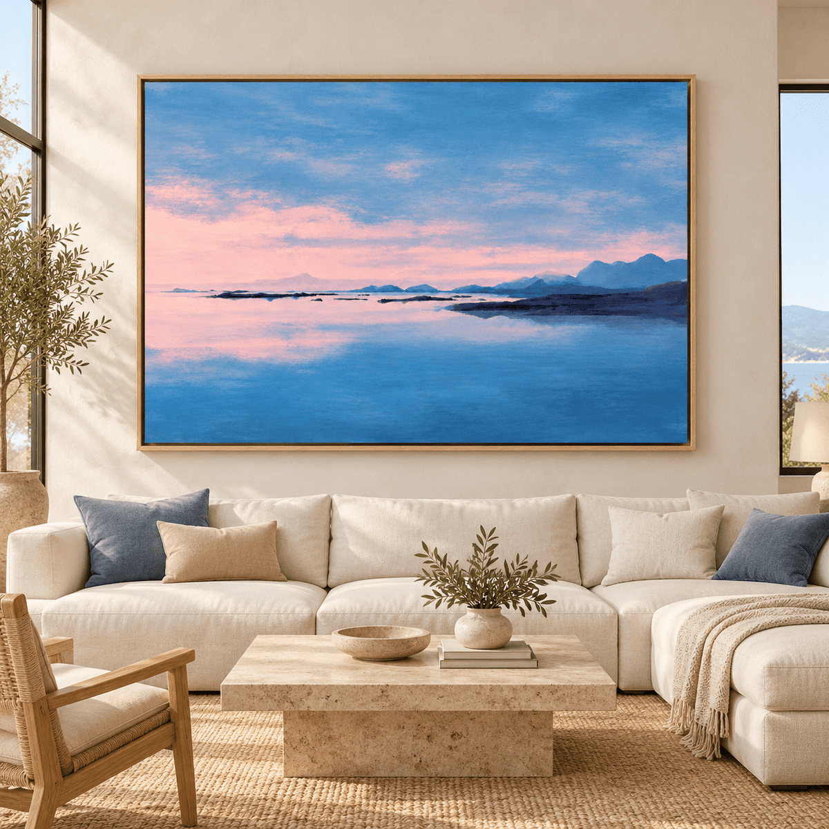 Lake wall art Blush Lagoon above a cream sofa in a bright living room