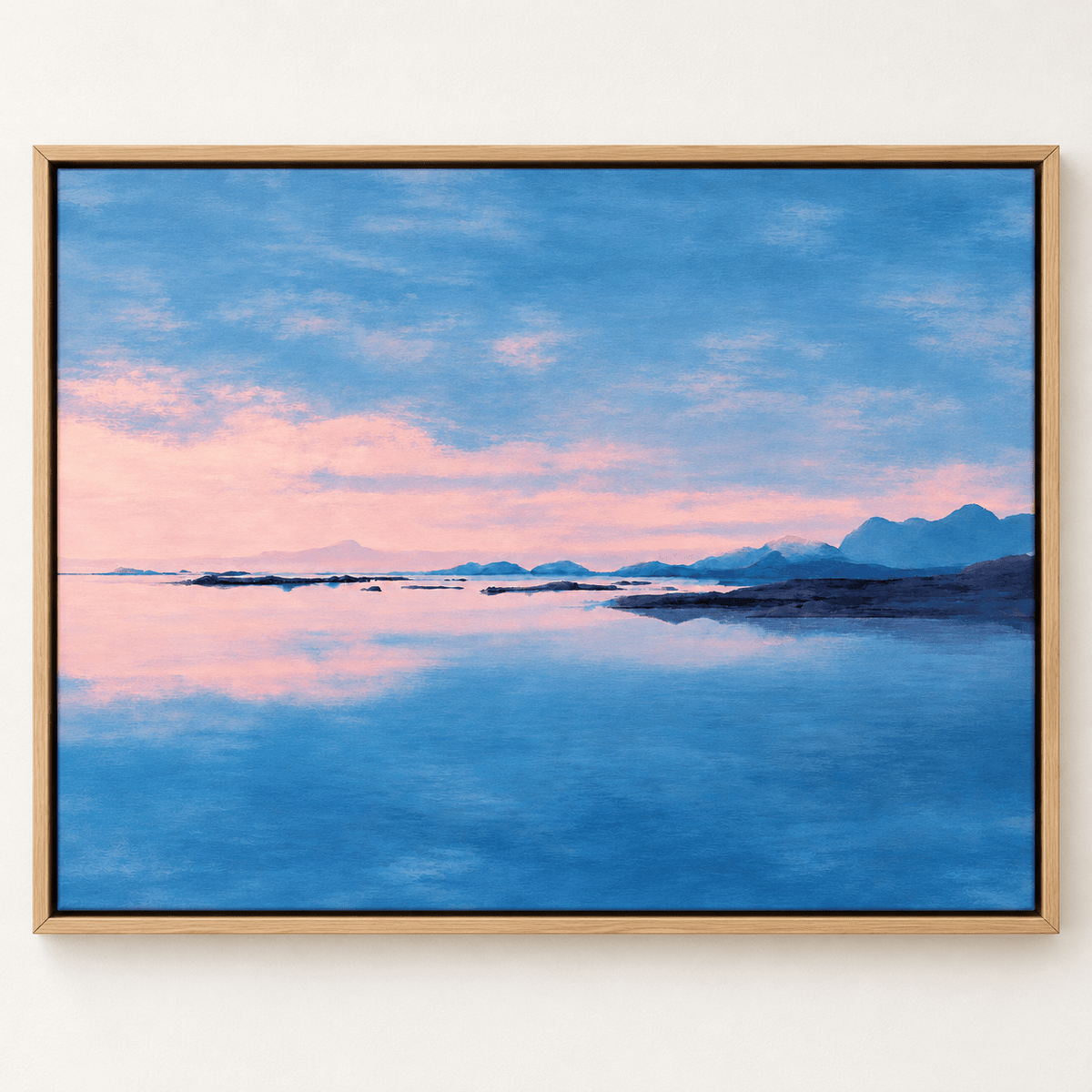 Lake Wall Art – Blush Lagoon canvas print by Rossetti Art, pink sunset over calm blue water
