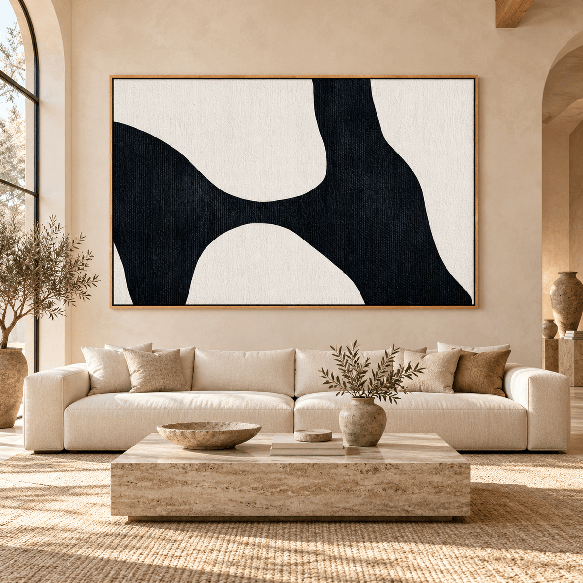 Large black and white abstract art Ivory Drift above a cream sofa in a living room – Rossetti Art