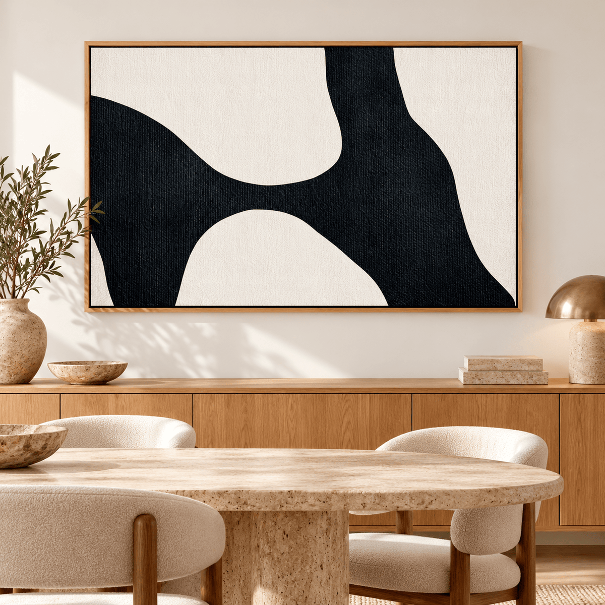 Large black and white abstract art Ivory Drift above a sideboard in a dining room – Rossetti Art