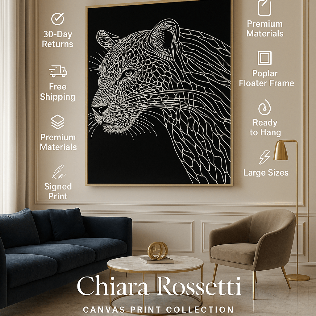 Canvas Print : "Leopard Portrait" - Leopard Line Art Print | Black & White Wildlife Art modern abstract canvas wall art by Rossetti Art – luxury interior design artwork for living room, bedroom, office – Contemporary Art for Sale contemporary art piece Contemporary art print