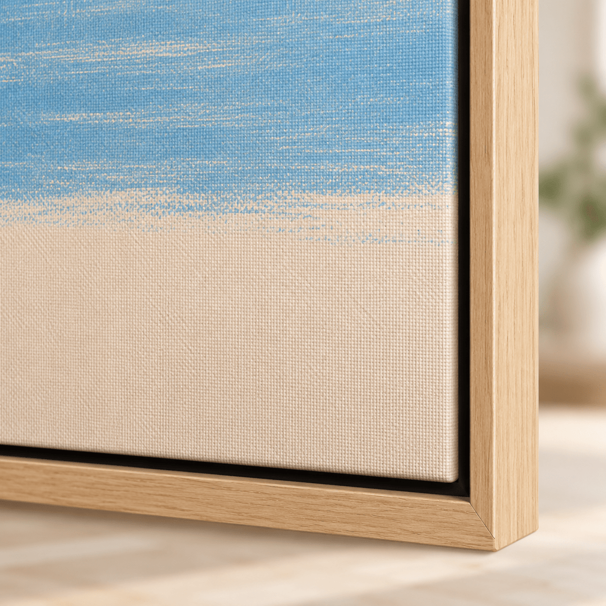 Corner detail of the Pale Shore light blue canvas print showing the canvas weave – Rossetti Art