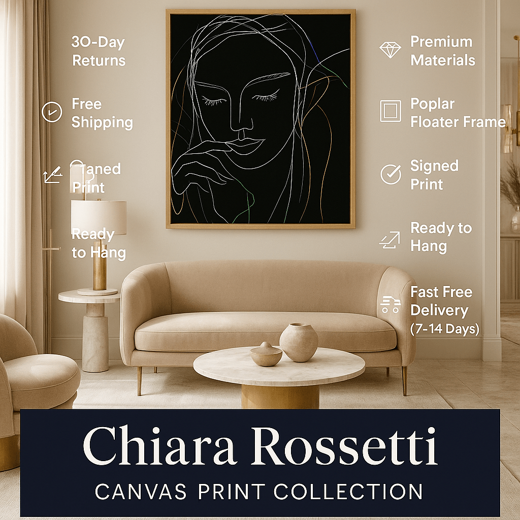 Canvas Print : Line of Serenity - Minimalist Line Art Woman – Modern Black Canvas Print Portrait modern abstract canvas wall art by Rossetti Art – luxury interior design artwork for living room, bedroom, office – Contemporary Art for Sale contemporary art piece Contemporary art print