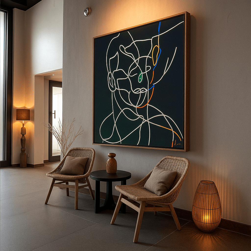 Canvas Print : Linear Harmony – Minimalist Abstract Line Art on Black Canvas modern abstract canvas wall art by Rossetti Art – luxury interior design artwork for living room, bedroom, office – contemporary wall painting modern art on canvas square abstract wall art