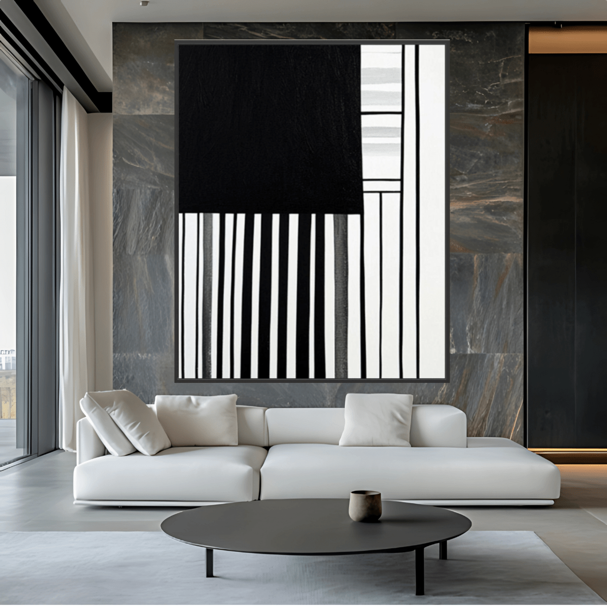 Canvas Print: Linear Pulse III – Black & White Minimalist Abstract Art modern abstract canvas wall art by Rossetti Art – luxury interior design artwork for living room, bedroom, office – Architectural Wall Art Bold Minimalist Design Modern Monochrome Decor