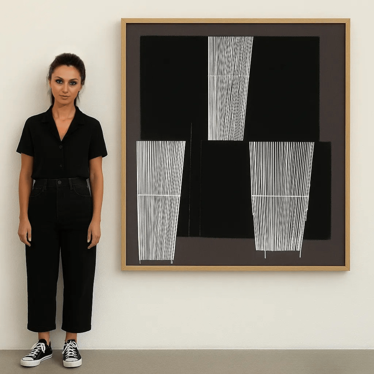 Canvas Print : Linear Pulse – Modern Grid Abstract Art in Black & Burgundy - Chiara Rossetti