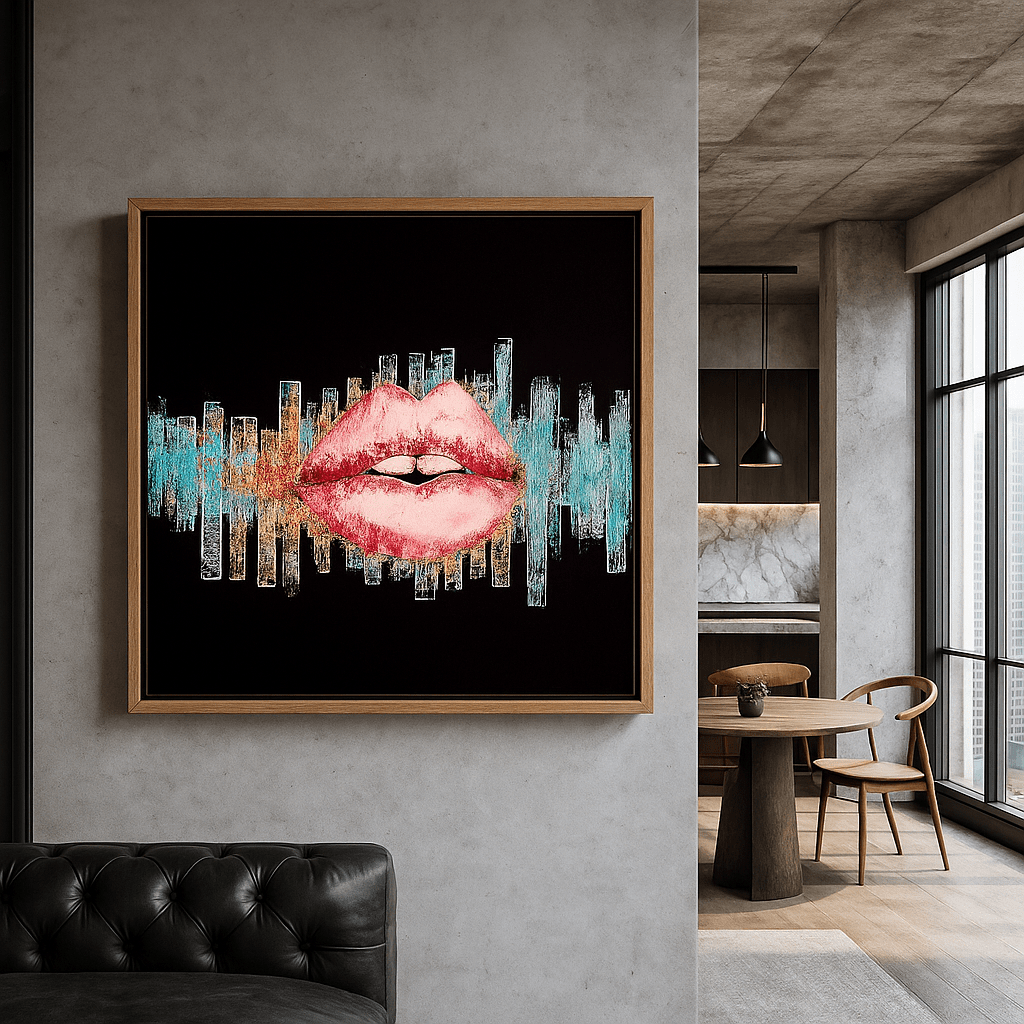 Canvas Print : Lips Don’t Lie | Pop Art Canvas with Red Lips & Soundwaves modern abstract canvas wall art by Rossetti Art – luxury interior design artwork for living room, bedroom, office – Abstract art print canvas wall art Contemporary Art for Sale