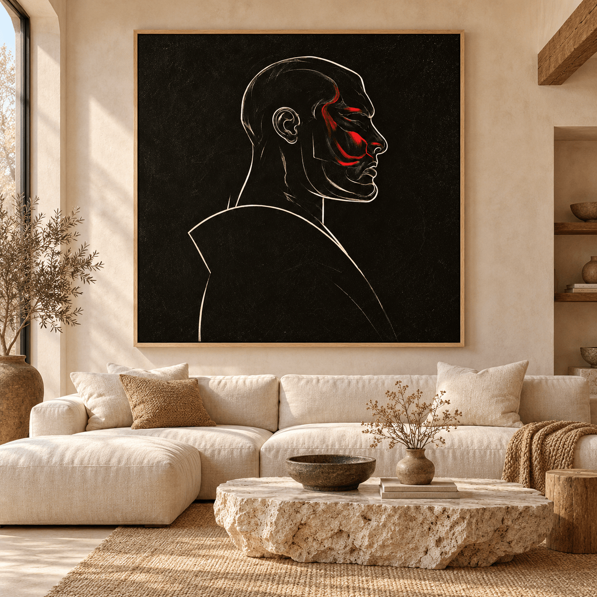Masculine wall art canvas print Scarlet Vow above a sofa in a warm living room – Rossetti Art