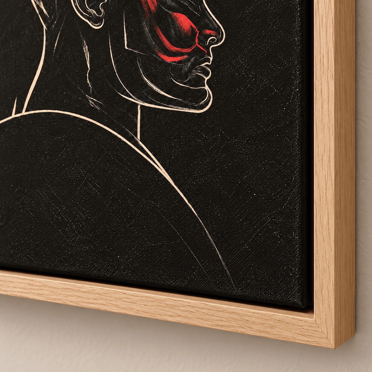 Corner detail of the Scarlet Vow canvas print in a floater frame – Rossetti Art