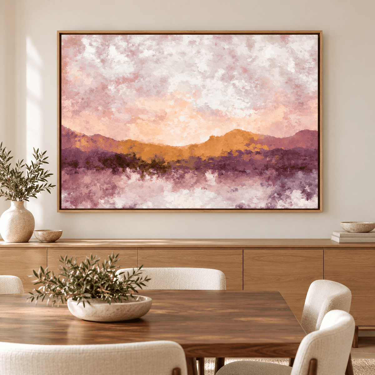 Mauve landscape wall art Mauve Reflection above a wooden sideboard in a dining room