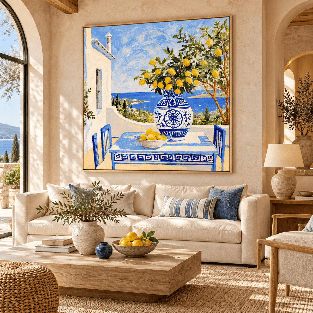 Mediterranean Wall Art – Aegean Terrace by Rossetti Art above a cream sofa