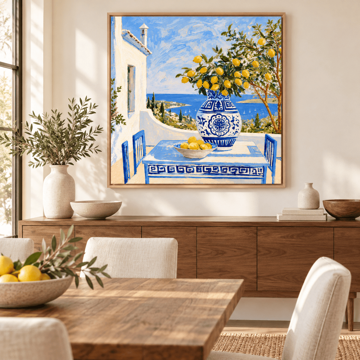 Mediterranean Wall Art – Aegean Terrace by Rossetti Art over a dining room sideboard