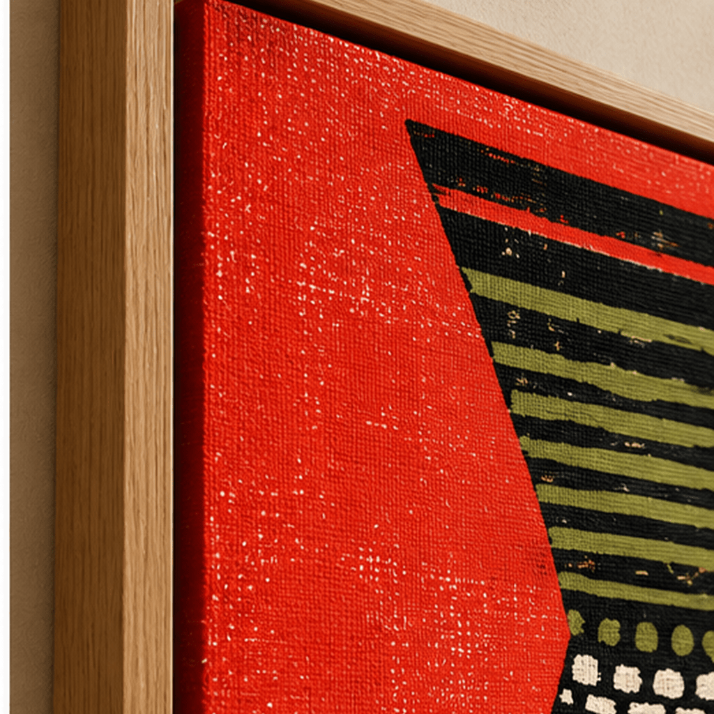 Close-up of red tribal vase canvas print texture and oak floating frame corner