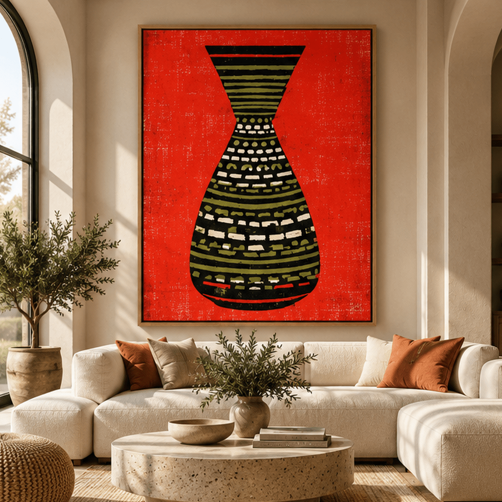 Oversized vertical red tribal vase canvas print in oak floating frame in a modern living room