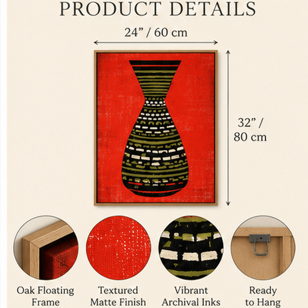 Product infographic for vertical red tribal vase canvas print with oak floating frame