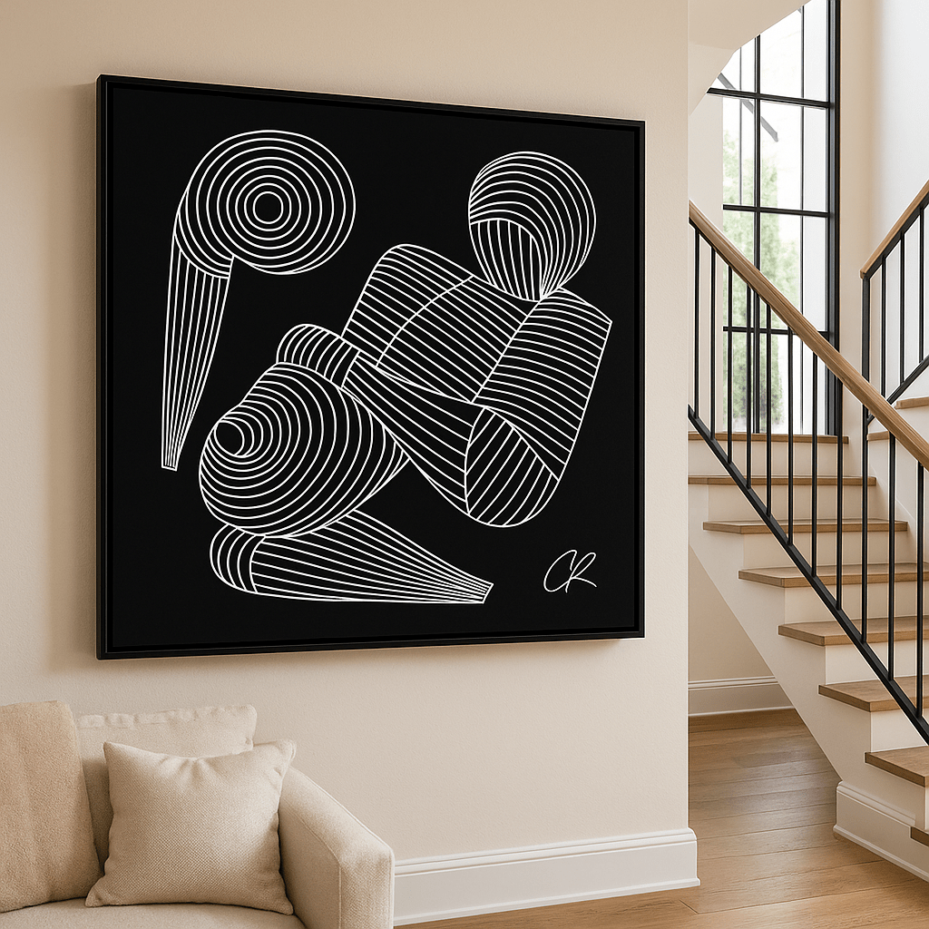 Canvas Print : Minimalist Line Art Print – Abstract White Figure on Black Canvas modern abstract canvas wall art by Rossetti Art – luxury interior design artwork for living room, bedroom, office – black and white abstract Contemporary Art for Sale contemporary art piece