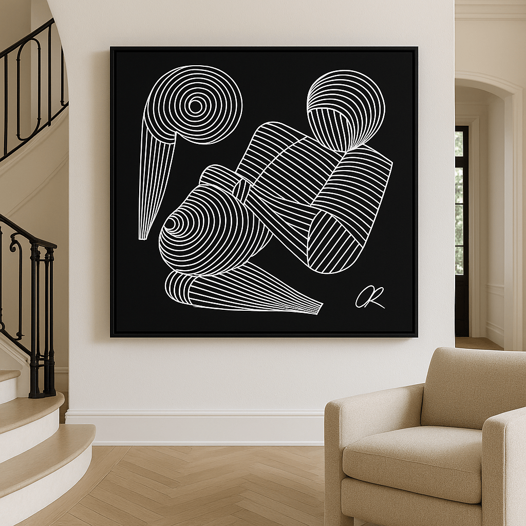 Canvas Print : Minimalist Line Art Print – Abstract White Figure on Black Canvas modern abstract canvas wall art by Rossetti Art – luxury interior design artwork for living room, bedroom, office – black and white abstract Contemporary Art for Sale contemporary art piece