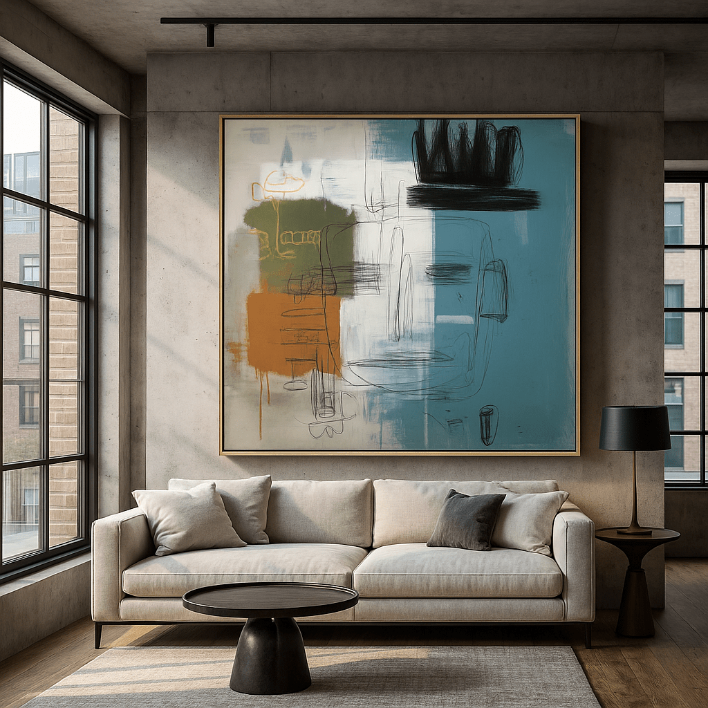 Canvas Print: Modern Abstract Canvas Print in Blue and Terracotta – Contemporary Face Art for Urban Interiors | Rossetti Art modern abstract canvas wall art by Rossetti Art – luxury interior design artwork for living room, bedroom, office – abstract wall art contemporary wall design extra large canvas wall art for living room