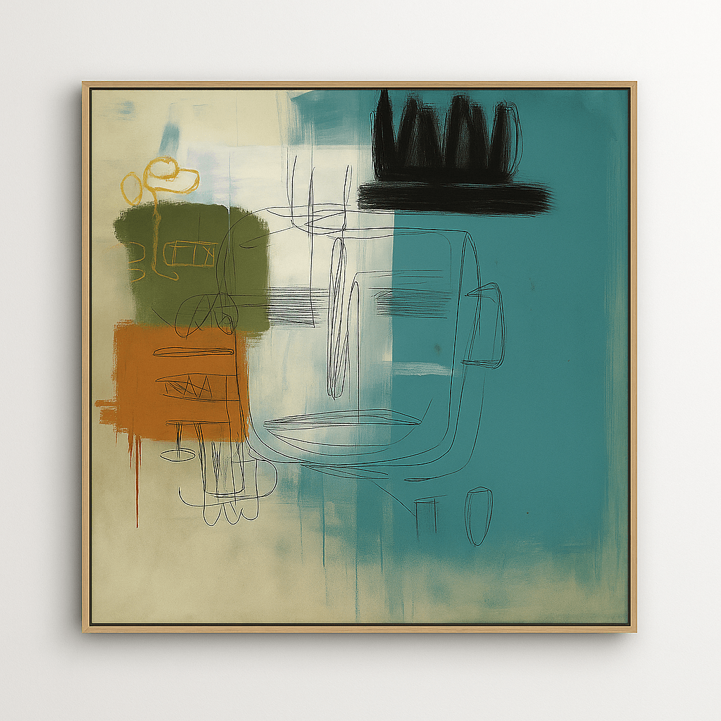 Canvas Print: Modern Abstract Canvas Print in Blue and Terracotta – Contemporary Face Art for Urban Interiors | Rossetti Art modern abstract canvas wall art by Rossetti Art – luxury interior design artwork for living room, bedroom, office – abstract wall art contemporary wall design extra large canvas wall art for living room